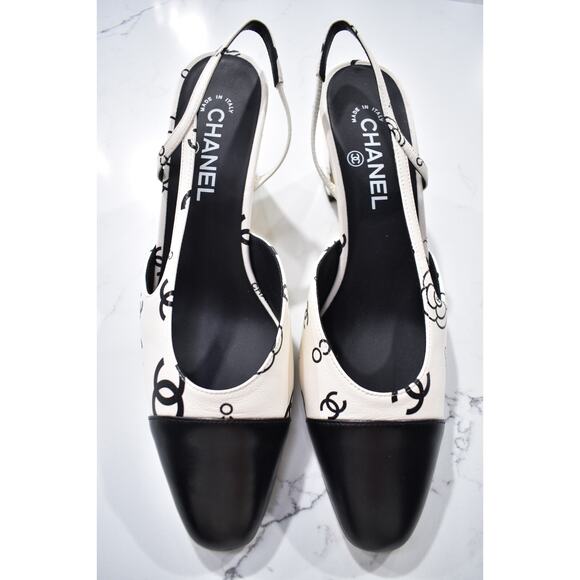 Chanel 23P Mademoiselle Coco Sling White Black CC Logo Slingback Sandal Heel 37 - Picture 6 of 12